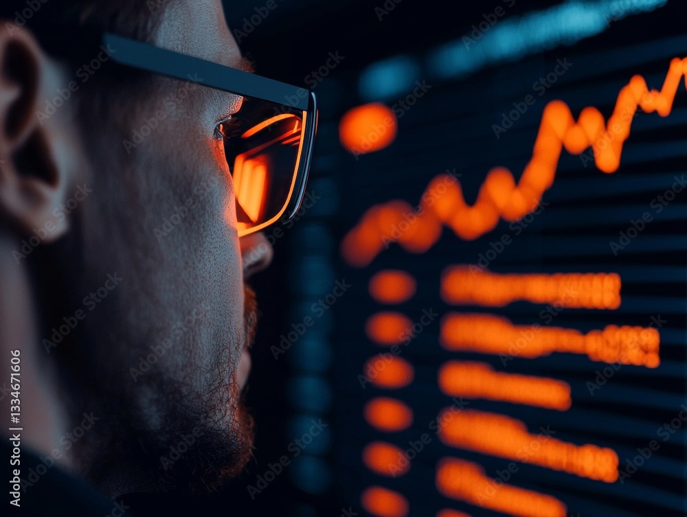 Poster man analyzing financial data on a screen in a dark office environment focused viewpoint business con
