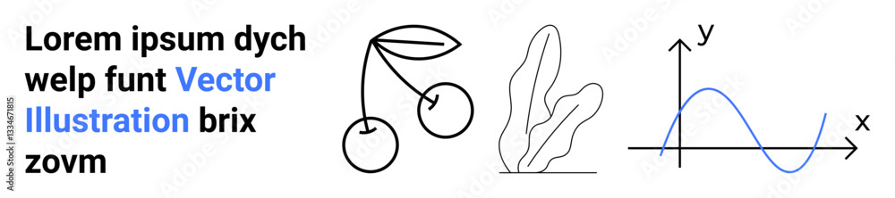 Poster minimal black-outline cherry pair, abstract leaf shapes, line graph with sinusoidal curve and coordi