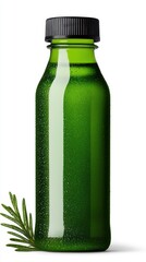 Refreshing green beverage in a bottle with a modern design and herbs.