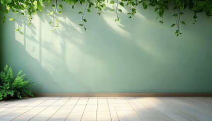 Minimalist Empty Room with Green Wall and Leaf Garland on White Wooden Floor