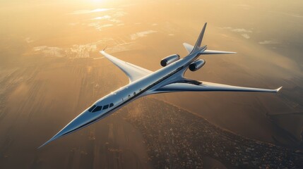 Obraz premium Futuristic supersonic jet soaring high above the landscape during golden hour