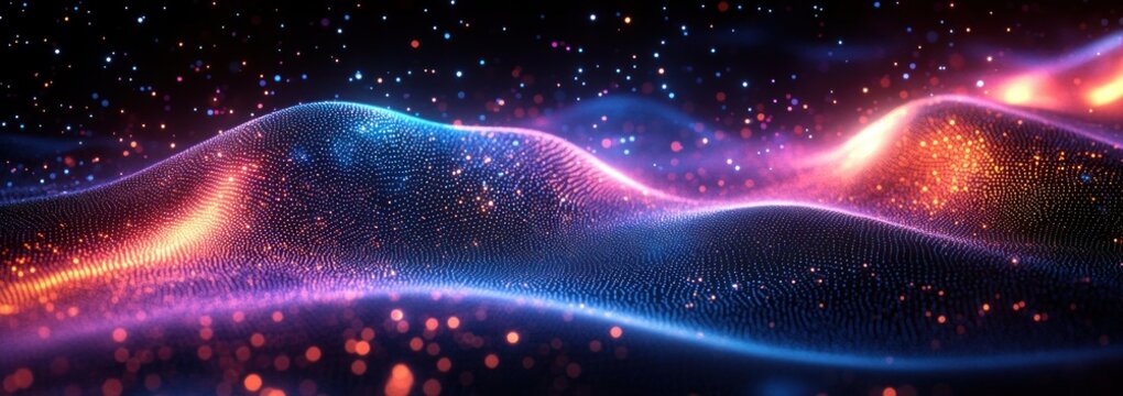 Futuristic Abstract Digital Art with Hexagonal Patterns and Wave Designs in Blue and Purple Gradient