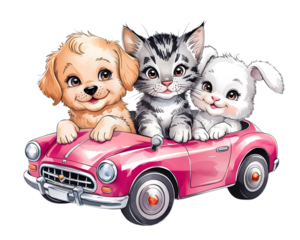 Pet Pals on a Joyride: An adorable golden retriever puppy, a striped kitten, and a fluffy bunny, all smiling brightly from a vintage pink car. They evoke warmth, friendship.