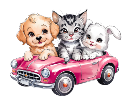 Pet Pals on a Joyride: An adorable golden retriever puppy, a striped kitten, and a fluffy bunny, all smiling brightly from a vintage pink car. They evoke warmth, friendship.