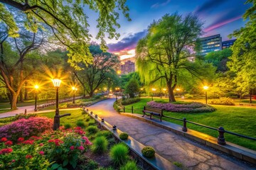 Spring City Park at Dusk - Low Light Greenery Photography
