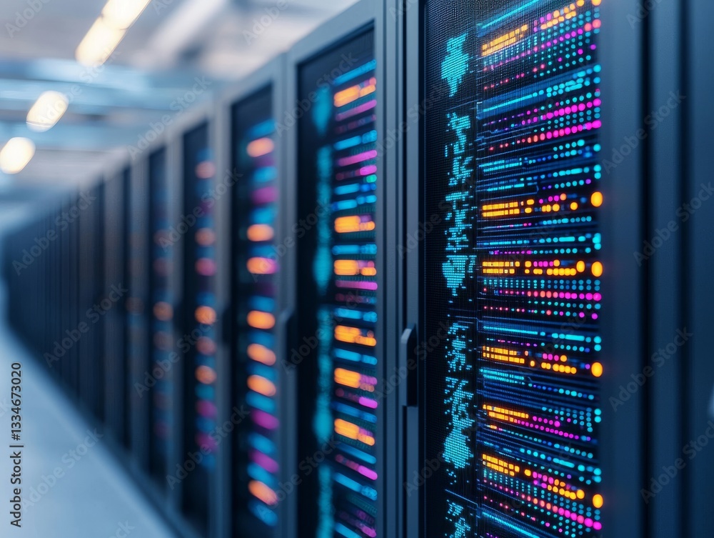 Poster illuminated data center server rack modern facility technology infrastructure high-tech environment 