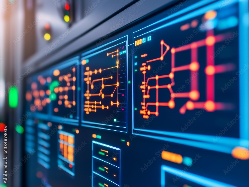 Poster high tech digital control panel displays complex data analytics modern office digital interface indo