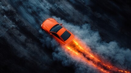 Aerial View of Bright Orange Car Drifting on Asphalt with Smoke Trails Burnout Motion Professional Driver