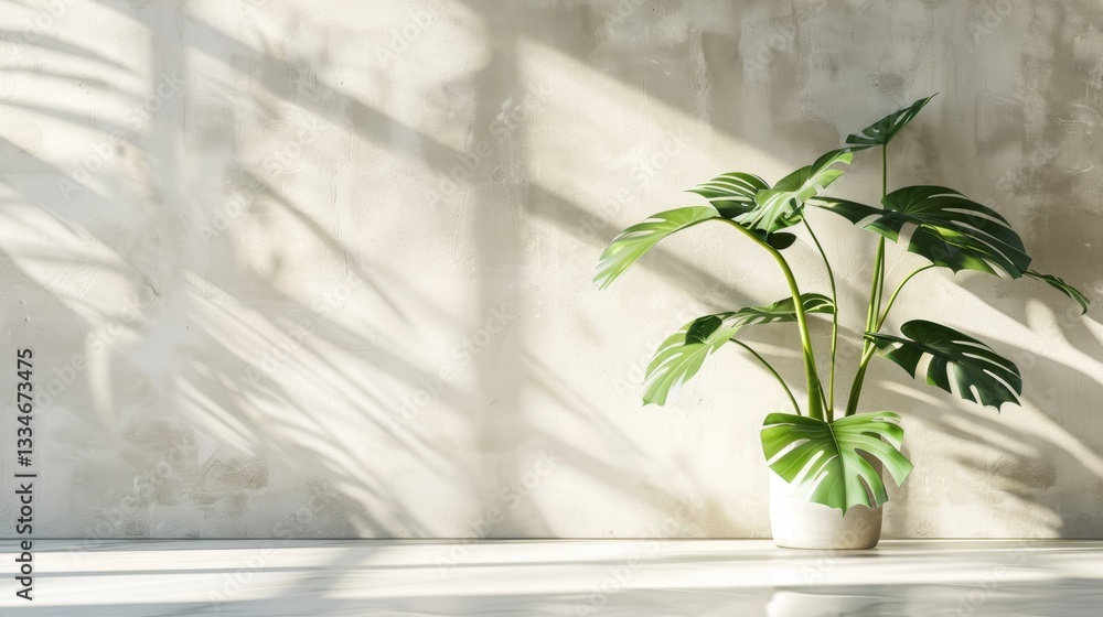 Poster minimalistic light background with blurred greenery and subtle shadow on a soft wall beautifully cap