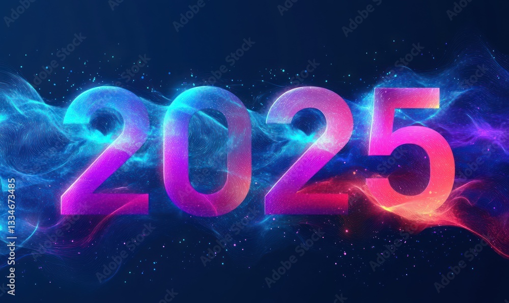 Poster futuristic typography design for 2025 with vibrant gradient colors and digital waveforms background