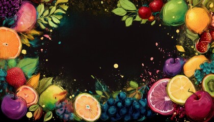 border frame of hand drawn fruits healthy concept background with copy space