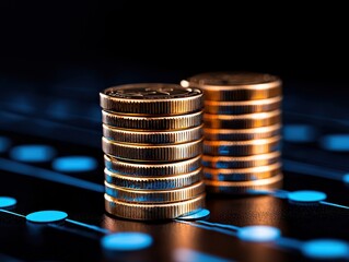 Stacks of coins reflecting light on a digital background representing finance.