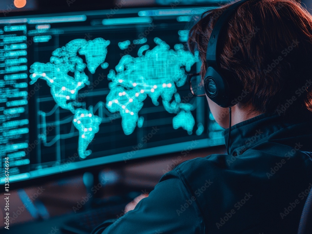 Poster cybersecurity analyst monitoring global threats data center digital security tech environment close-
