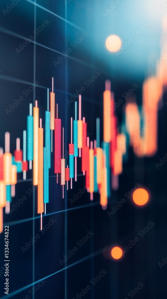 Poster dynamic colorful candlestick chart analysis financial market trends data visualization modern enviro