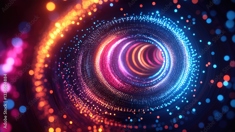 Poster dynamic vortex pattern of colorful light trails in blue, pink, and orange dots on a dark background