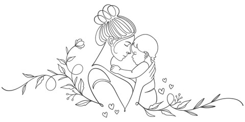 Mother and baby line art style vector illustration, mothers day celebration illustration