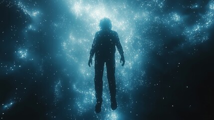 Person Floating in Space with a Glowing Aura – Surreal Cosmic Scene in Zero Gravity