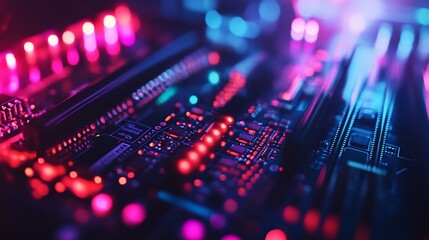 Obraz premium Neon Circuit Board: A Close-Up of Vibrant Technology