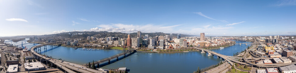 Panorama View of Burnside Bridge Crossing the Willamette River in Portland Oregon at Sunrise