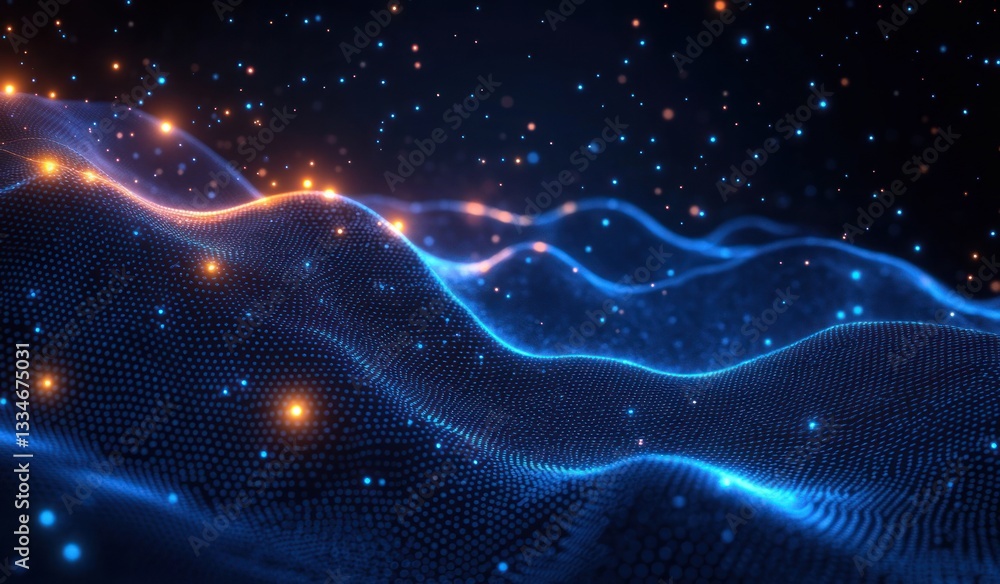 Poster futuristic molecular structure and genetic engineering concept with glowing hexagons and wave flow i