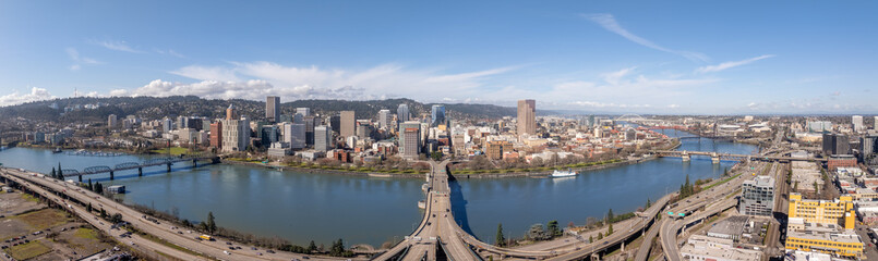 Panorama View of Burnside Bridge Crossing the Willamette River in Portland Oregon at Sunrise