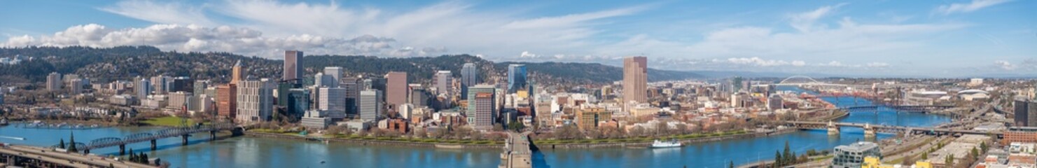 Panorama View of Burnside Bridge Crossing the Willamette River in Portland Oregon at Sunrise