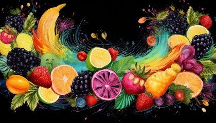 border frame of hand drawn fruits healthy concept background with copy space