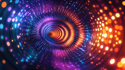 Futuristic depth effect created by colorful concentric dots in purple, blue, orange, and yellow