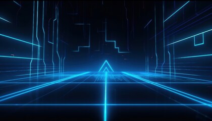 Obraz premium Futuristic Geometric Design with Glowing Blue Neon Lines and Abstract Dark Background Effects