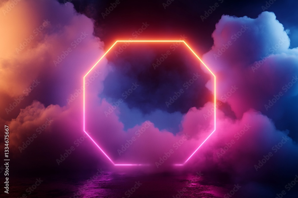 Poster neon octagon frame with cloud background and reflective surface