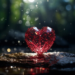 Fototapeta premium Crystal glass heart, stain wall, gold veins embedded in the surface, broken heart, love, Valentine's Day. 3D, render, design.