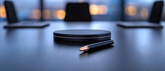 Stylish office setup with a pen and notebook on a sleek table, ideal for meetings.