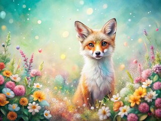 Fototapeta premium Spring Fox Watercolor Clipart: Adorable Fox with Flowers and Bokeh Background