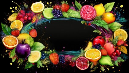 border frame of hand drawn fruits healthy concept background with copy space