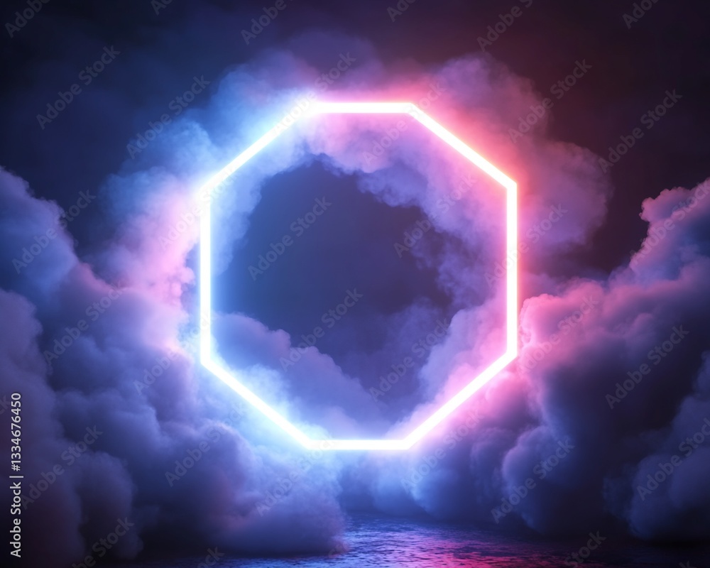 Poster octagonal neon frame in simulated cloud environment