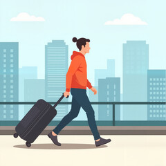 Young man walking with luggage in a city backdrop  