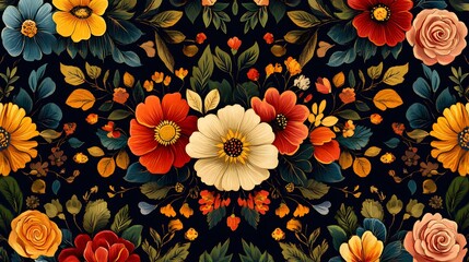 A symmetrical pattern features an arrangement of colorful decorative flowers
