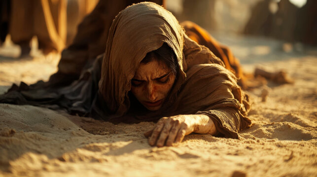 A woman lying on the ground caught in the act of adultery in the time of Jesus Christ. Biblical representation of a woman caught in the act of adultery.