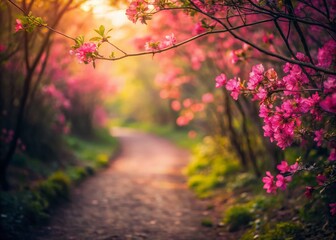 Naklejka premium Spring Hiking Trail Pink Flowers - Low Light Photography