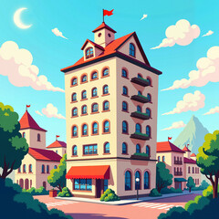 Fototapeta premium Charming building with red flags in a sunny urban landscape 