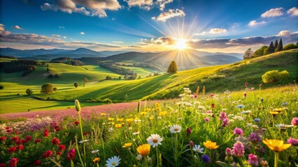 Fototapeta premium Spring Holiday: Vibrant Countryside Landscape with Shallow Depth of Field