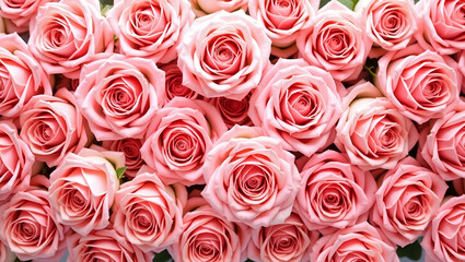 Fototapeta premium Natural fresh pink roses arranged in pattern for wallpaper top view of pink rose flowers as wall background. concept as Natural fresh pink roses arranged in pattern for wallpaper top view of pink rose