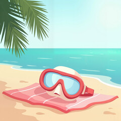 Snorkeling mask resting on beach towel by the ocean  