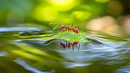 Naklejka premium Tiny red ant on a leaf, floating on water