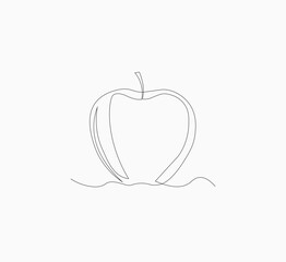Simple continuous line drawing of an apple on white background , Continuous one line art drawing of vector apple icon .