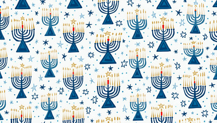 Elegant Flat Hanukkah Menorahs Seamless Tile Pattern with Blue Stars for Sophisticated Jewish Holiday Decor - Cute Vector Illustration for Stylish Home Decoration