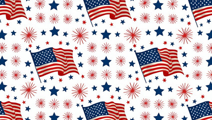 Fototapeta premium Flat Independence Day Seamless Tile Pattern: Celebrate with Flags, Fireworks, and Stars in a Cute Vector Illustration for Your Americana-Themed Designs