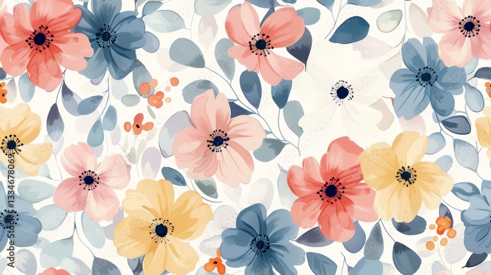Poster elegant floral design with soft pastel watercolor flowers and leaves creating a gentle and harmoniou