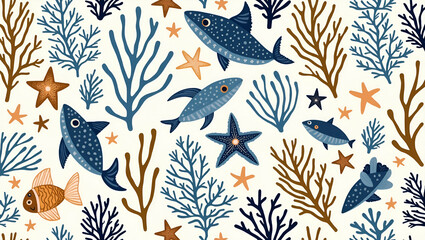 Obraz premium Seamless Flat Ocean-Inspired Tile Pattern Featuring Coral Reefs and Sea Creatures for Coastal Decor - Perfect for Summer Vibes in Your Interior Design