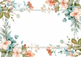 Fototapeta premium Elegant floral frame with delicate pink and blue blossoms and lush green foliage, creating a serene border for text or image